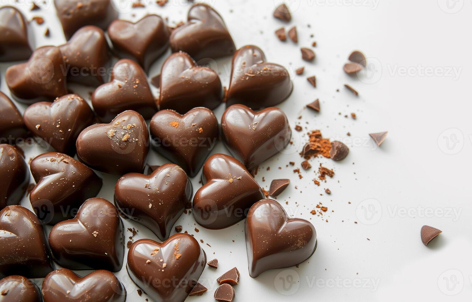 AI generated Heart-shaped chocolates on white background, copy space. Holiday, Valentine's day, love. Photorealistic, background with bokeh effect. AI generated. photo