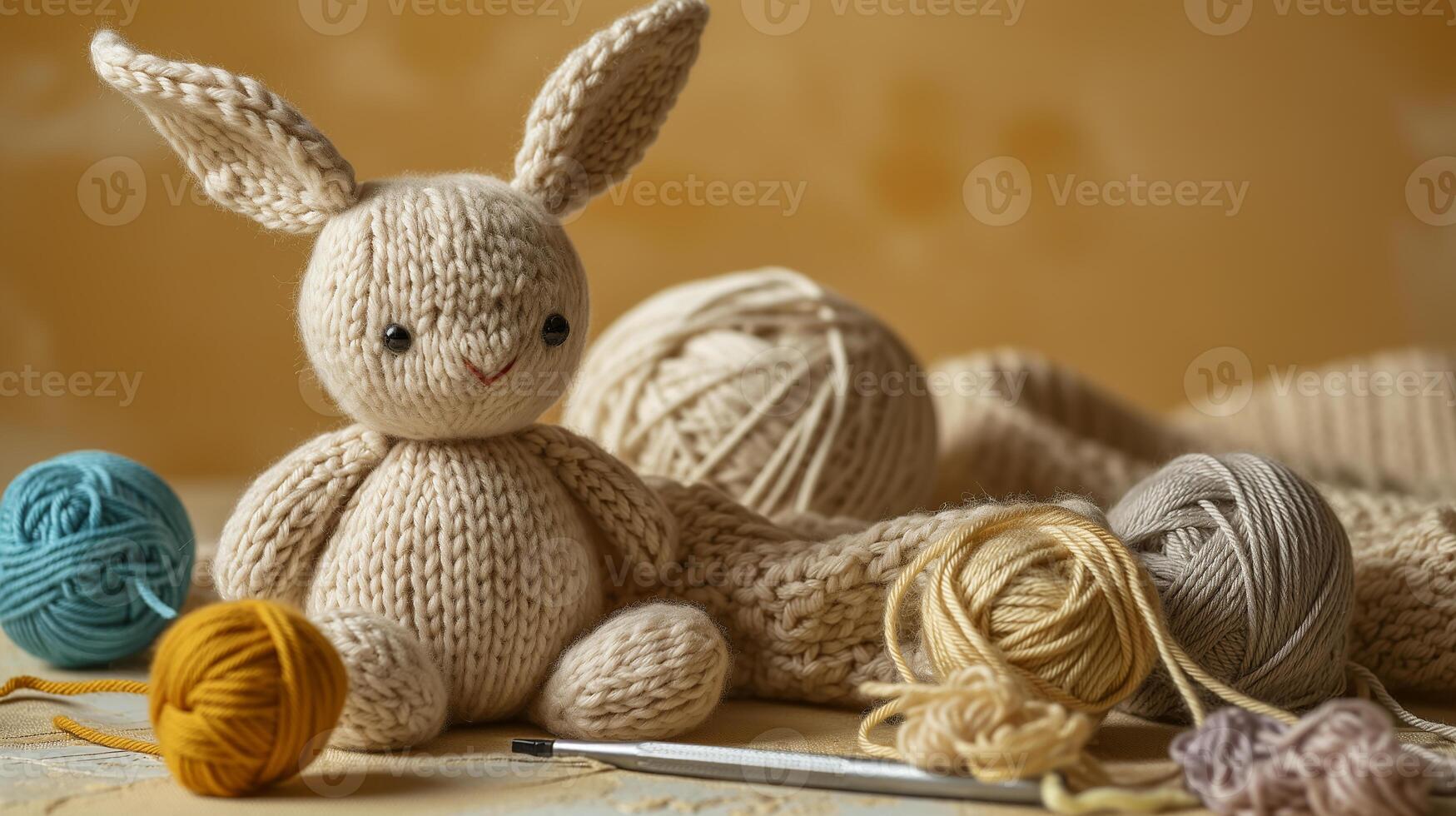 AI generated A handmade knitted bunny with balls of yarn and knitting needles. The concept of manual labor, hobbies, and comfort. Photorealistic, background with bokeh effect. photo