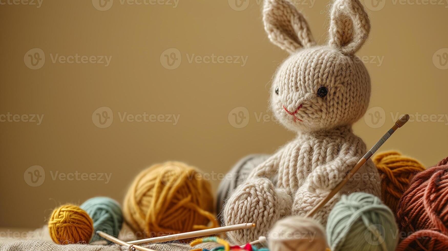 AI generated A handmade knitted bunny with balls of yarn and knitting needles. The concept of manual labor, hobbies, and comfort. Photorealistic, background with bokeh effect. photo