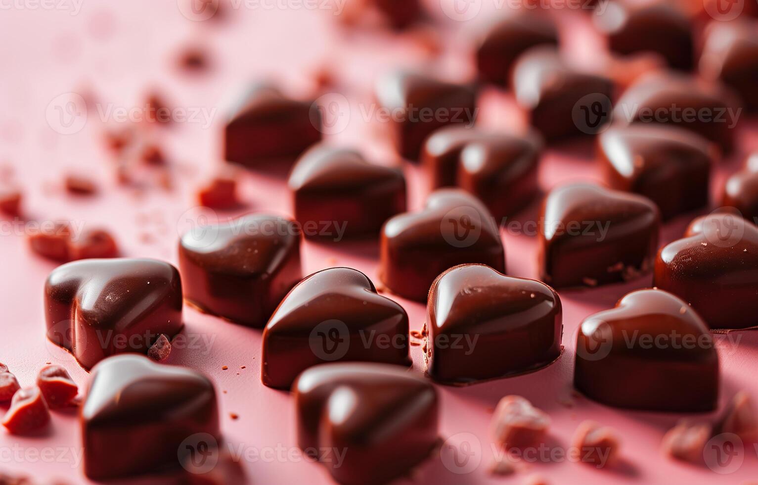 AI generated Heart-shaped chocolates on pink background, copy space. Holiday, Valentine's day, love. Photorealistic, background with bokeh effect. AI generated. photo
