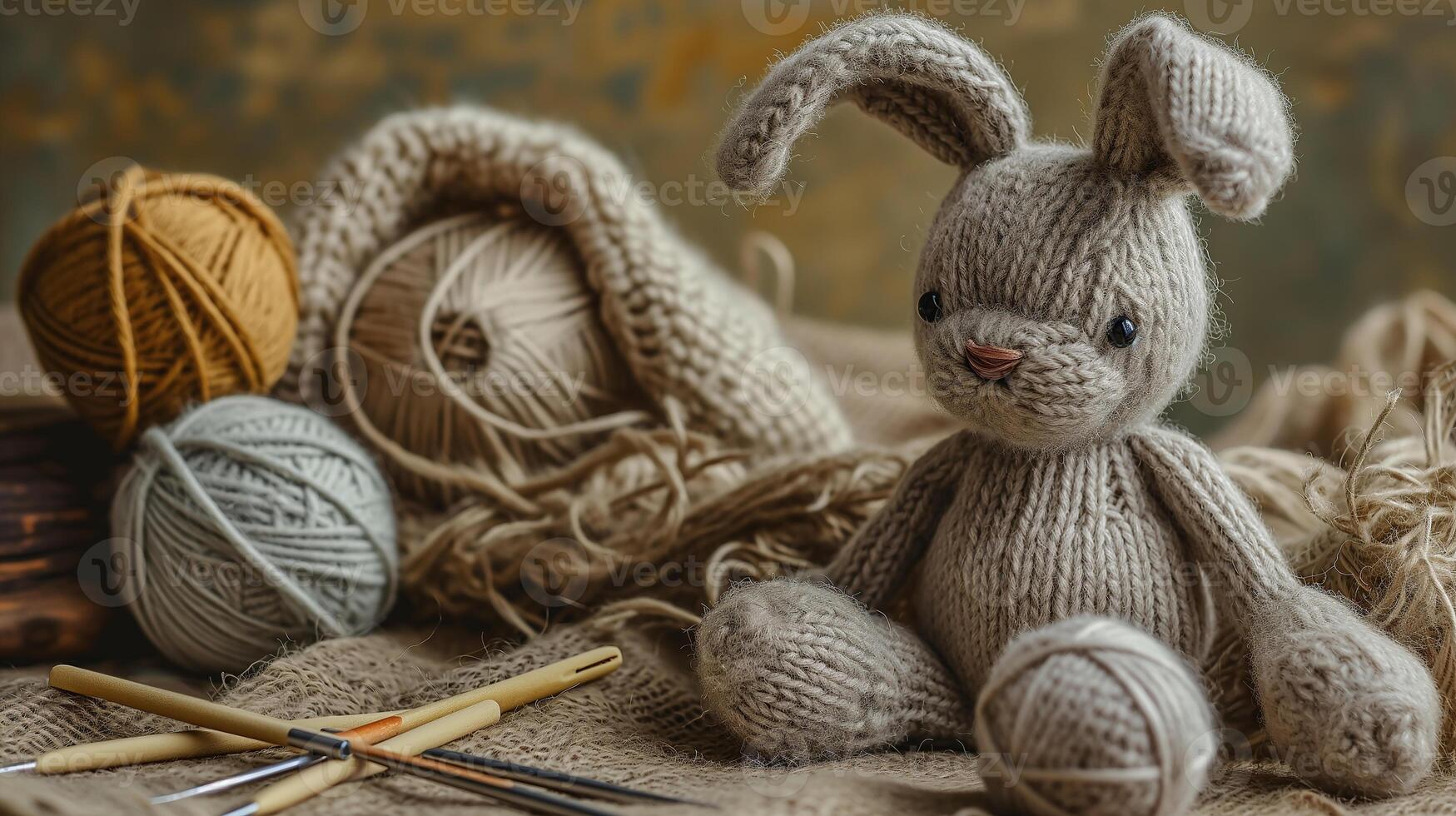 AI generated A handmade knitted bunny with balls of yarn and knitting needles. The concept of manual labor, hobbies, and comfort. Photorealistic, background with bokeh effect. photo