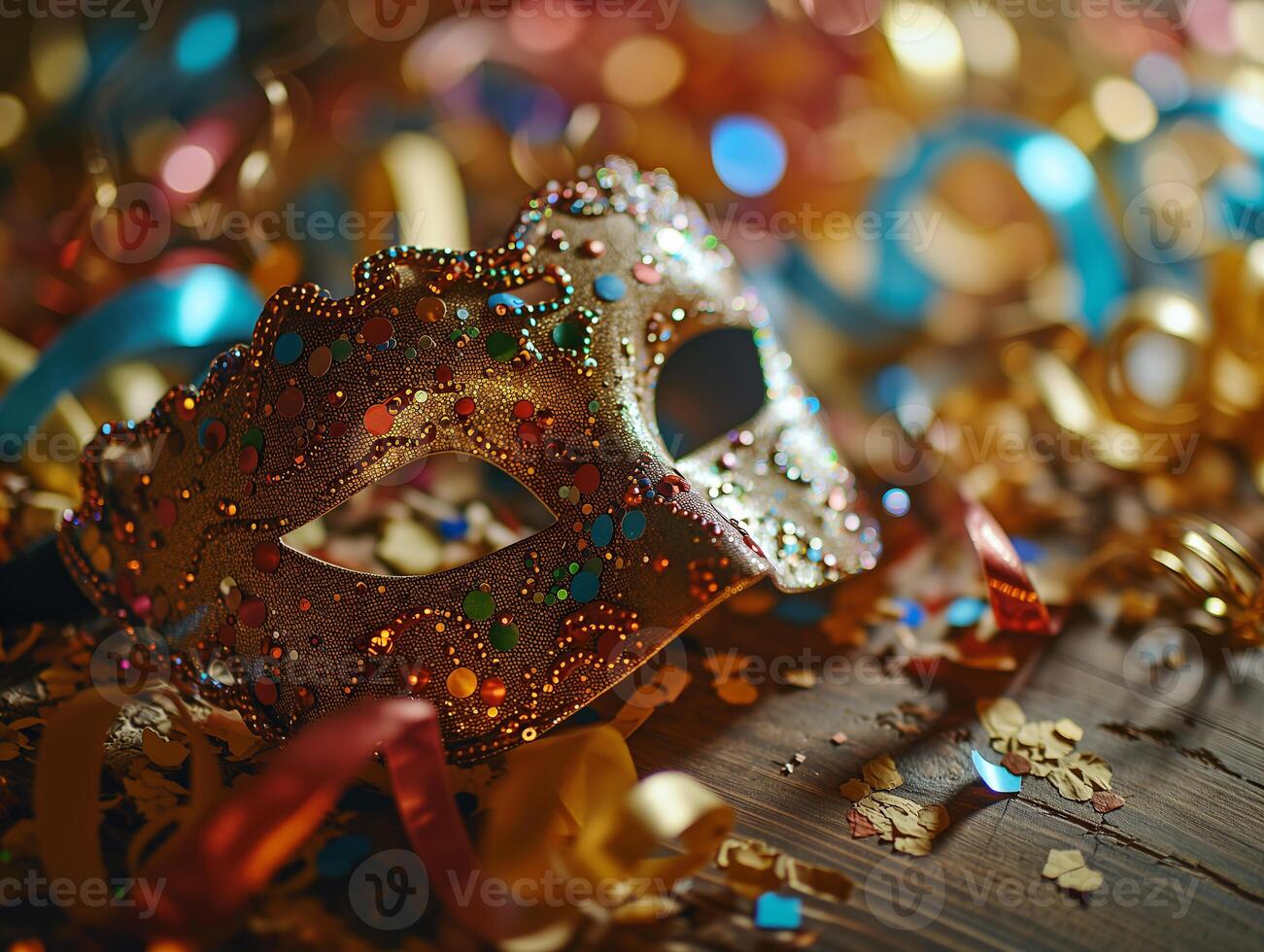 ai generado hermosa carnaval máscara en brillante brillante de colores fondo, oropel, lentejuelas, día festivo, papel picado. nuevo años vacaciones, carnaval, cumpleaños. fotorrealista, antecedentes con bokeh efecto. foto