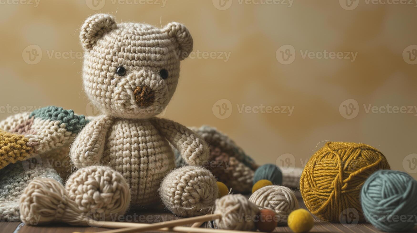 AI generated A handmade knitted teddy bear with balls of yarn and knitting needles. The concept of manual labor, hobbies, and comfort. Photorealistic, background with bokeh effect. photo
