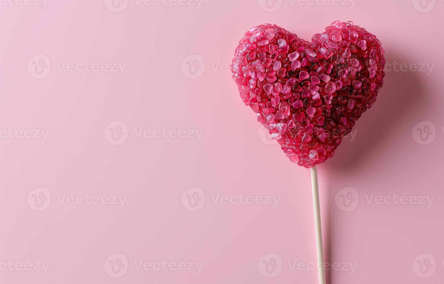 AI generated Red lollipop on a stick in the shape of a heart on a pink background. Holiday, Valentine's day, love. Photorealistic, background with bokeh effect. AI generated. photo