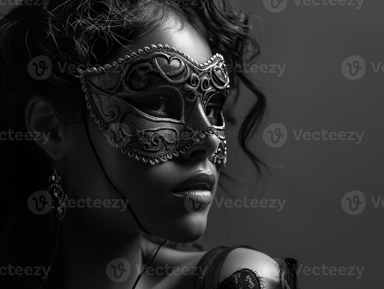 AI generated A young beautiful Latin American woman in a carnival mask. New Year's holidays, carnival, birthday, Venice. Photorealistic, monochrome, background with bokeh effect. AI generated. photo