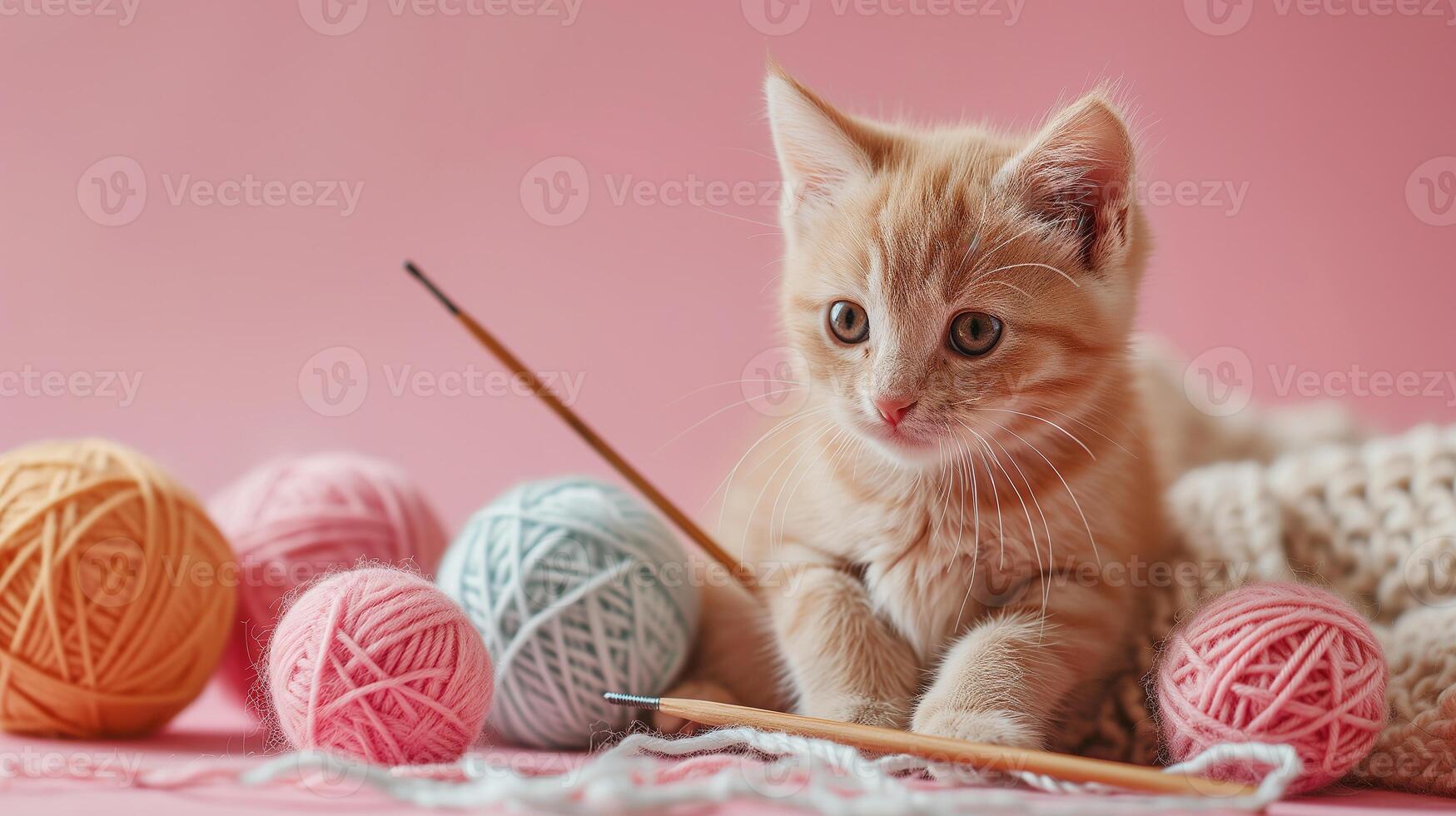 AI generated A handmade cute kitten with balls of yarn and knitting needles. The concept of manual labor, hobbies, and comfort. Photorealistic, background with bokeh effect. photo