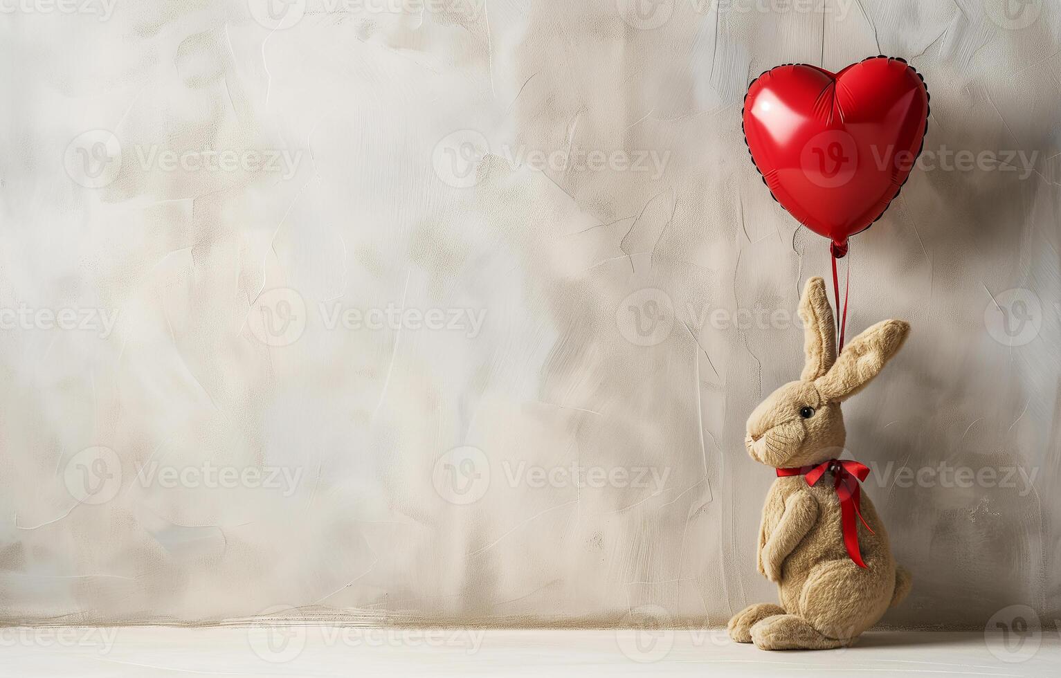 AI generated A cute rabbit toy and red heart-shaped balloon on a grey textured background, copyspace. Holiday, Valentine's day, love. Photorealistic, background with bokeh effect. AI generated. photo