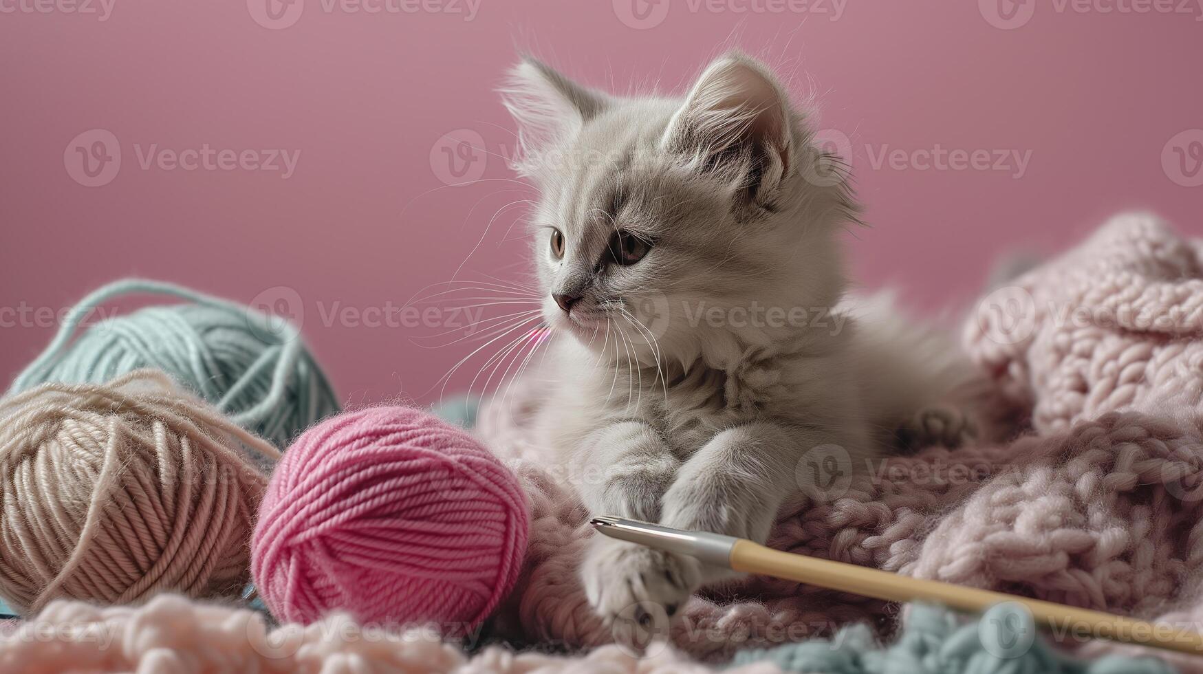 AI generated A handmade cute kitten with balls of yarn and knitting needles. The concept of manual labor, hobbies, and comfort. Photorealistic, background with bokeh effect. photo