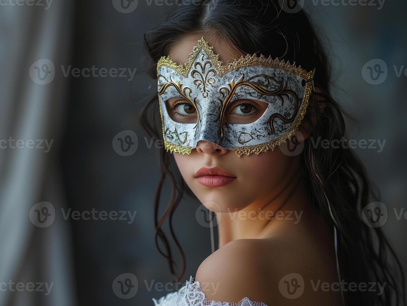 AI generated A young beautiful Latin American woman in a carnival mask. New Year's holidays, carnival, birthday, Venice. Photorealistic, background with bokeh effect. AI generated. photo