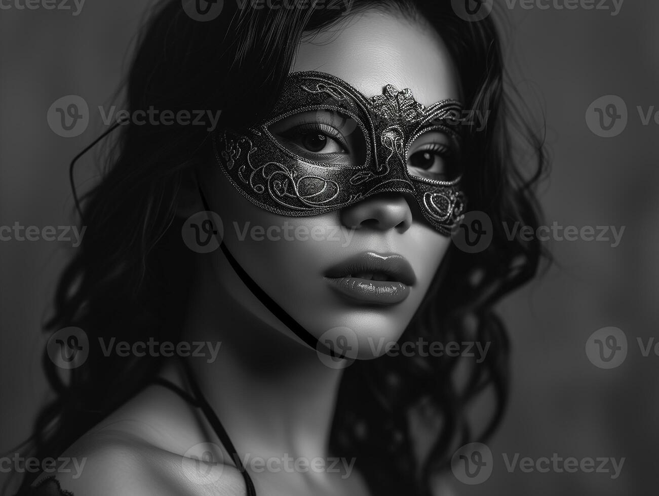 AI generated A young beautiful Latin American woman in a carnival mask. New Year's holidays, carnival, birthday, Venice. Photorealistic, monochrome, background with bokeh effect. AI generated. photo