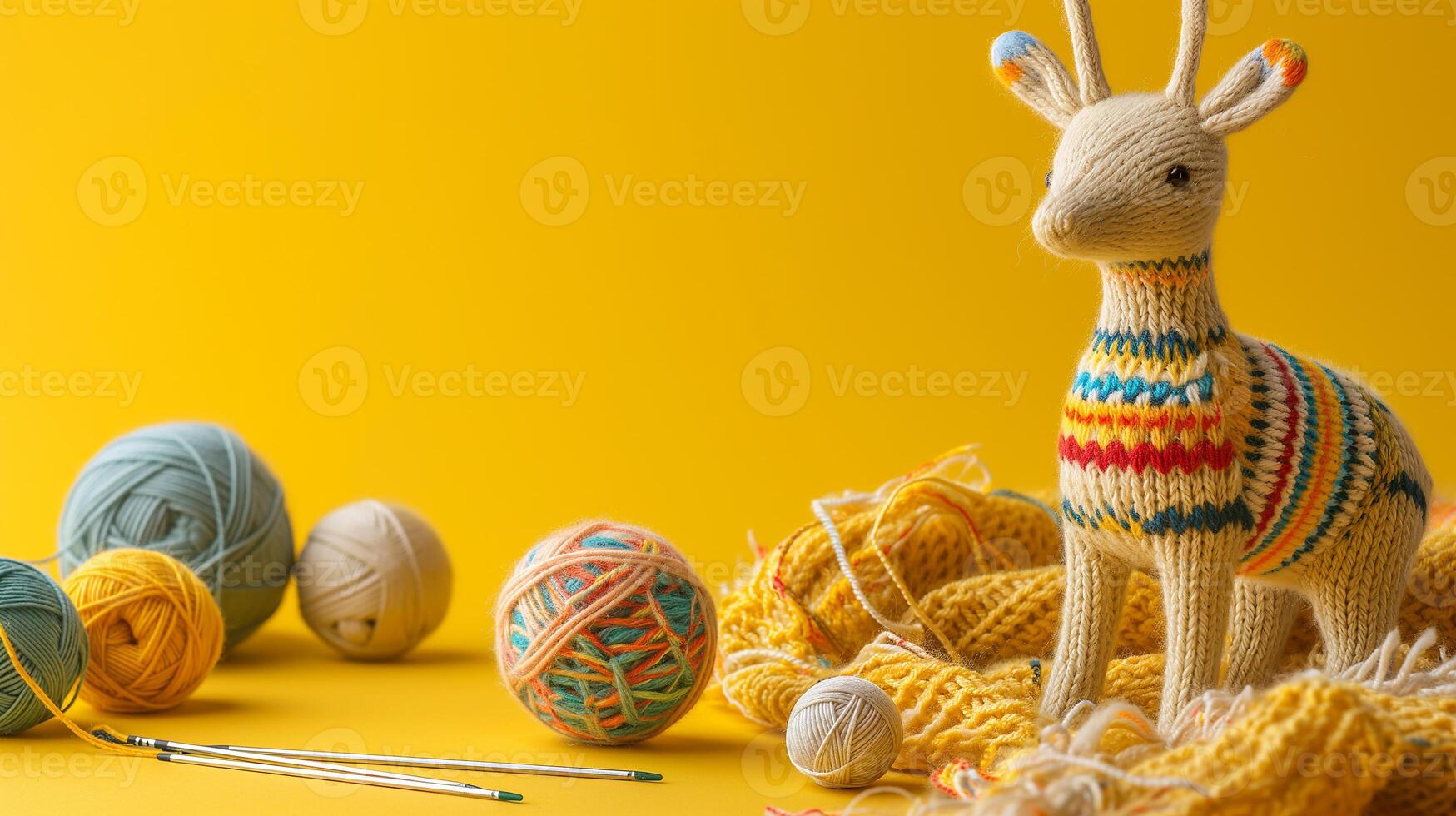 AI generated A handmade knitted fawn with balls of yarn and knitting needles. The concept of manual labor, hobbies, and comfort. Photorealistic, background with bokeh effect. photo