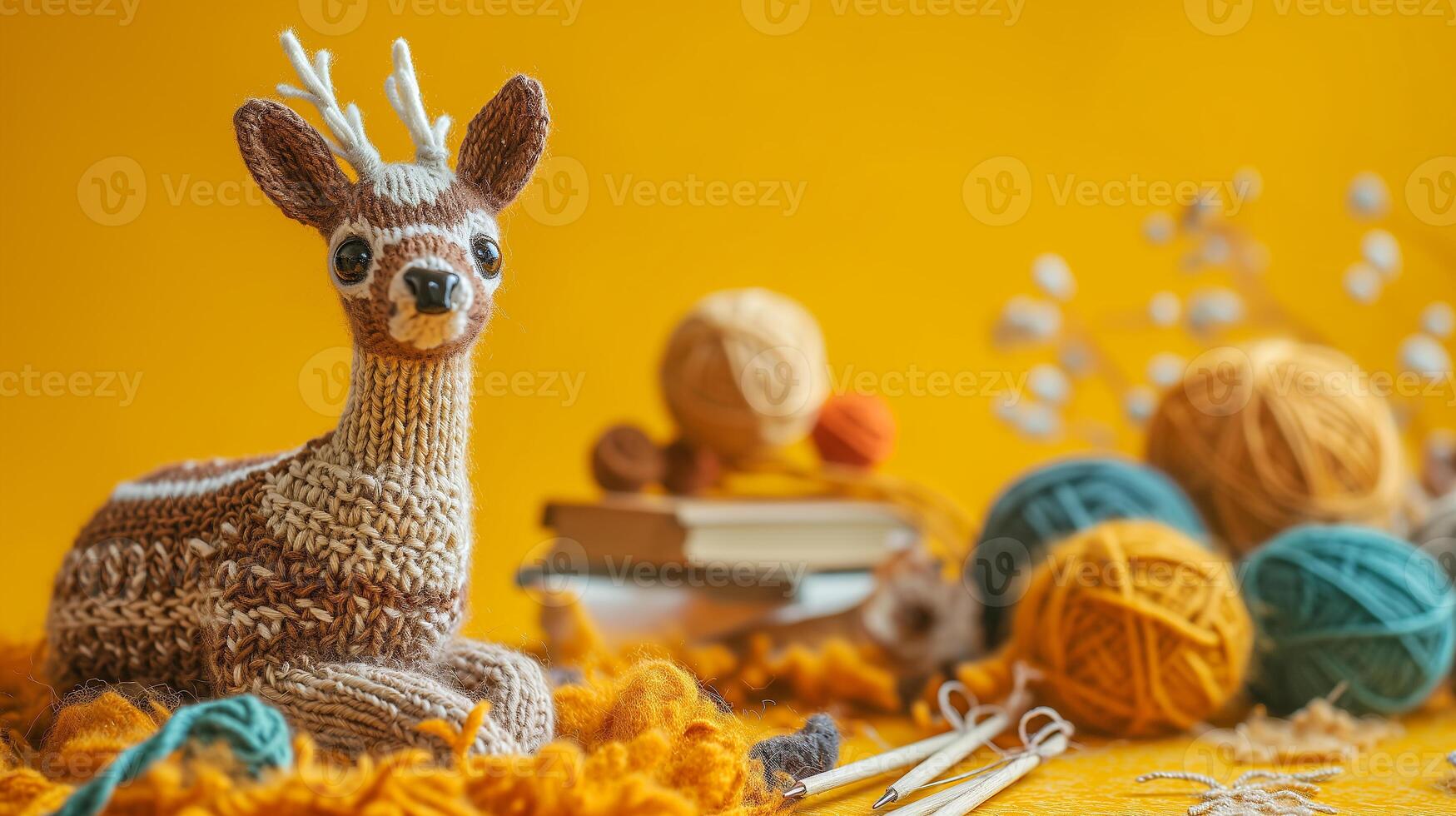 AI generated A handmade knitted fawn with balls of yarn and knitting needles. The concept of manual labor, hobbies, and comfort. Photorealistic, background with bokeh effect. photo