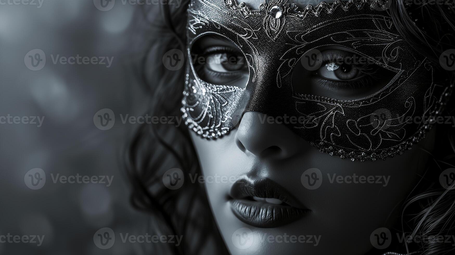 AI generated A young beautiful Latin American woman in a carnival mask. New Year's holidays, carnival, birthday, Venice. Photorealistic, monochrome, background with bokeh effect. AI generated. photo