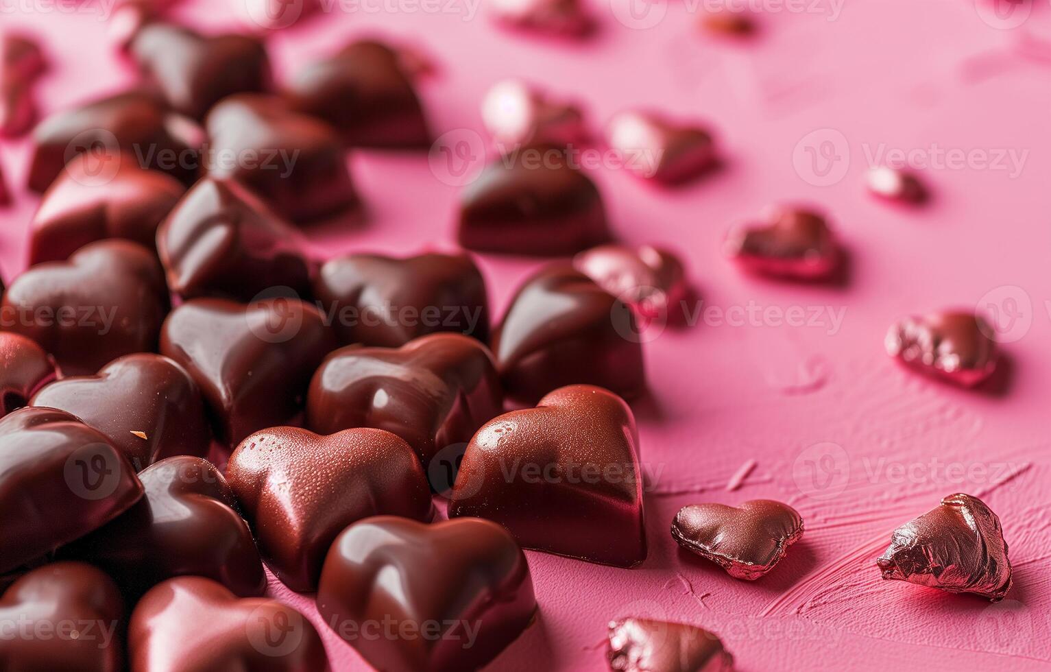 AI generated Heart-shaped chocolates on pink background, copy space. Holiday, Valentine's day, love. Photorealistic, background with bokeh effect. AI generated. photo