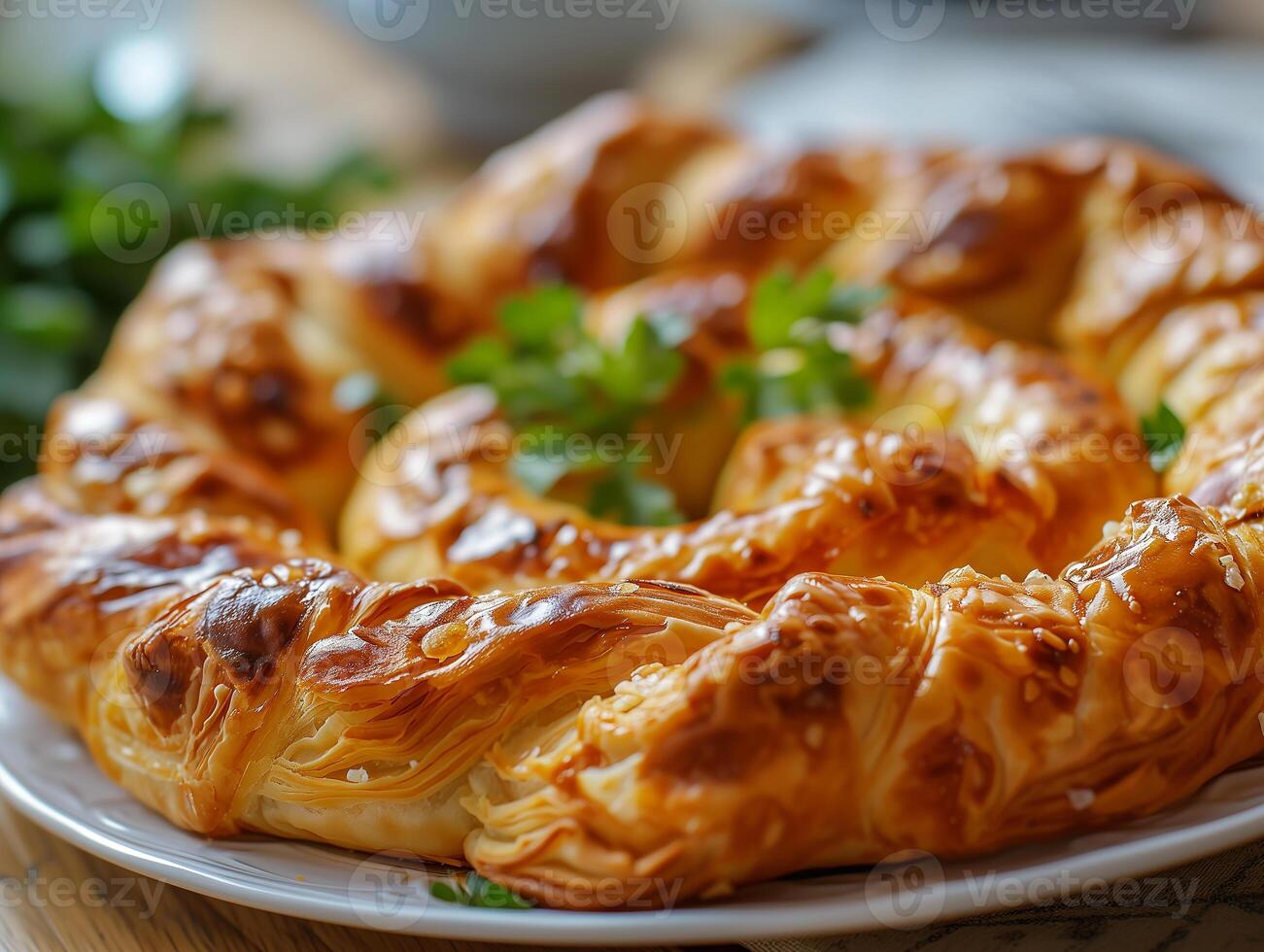 ai generado oriental plato, oriental cocina. tradicional turco Pastelería envuelto en filo. turco nombre gul boregi o gul Borek. comida ilustración. fotorrealista, antecedentes con bokeh efecto. foto