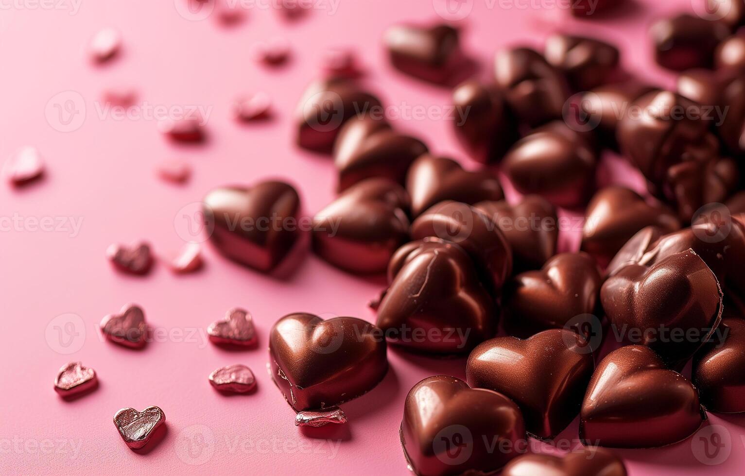 AI generated Heart-shaped chocolates on pink background, copy space. Holiday, Valentine's day, love. Photorealistic, background with bokeh effect. AI generated. photo