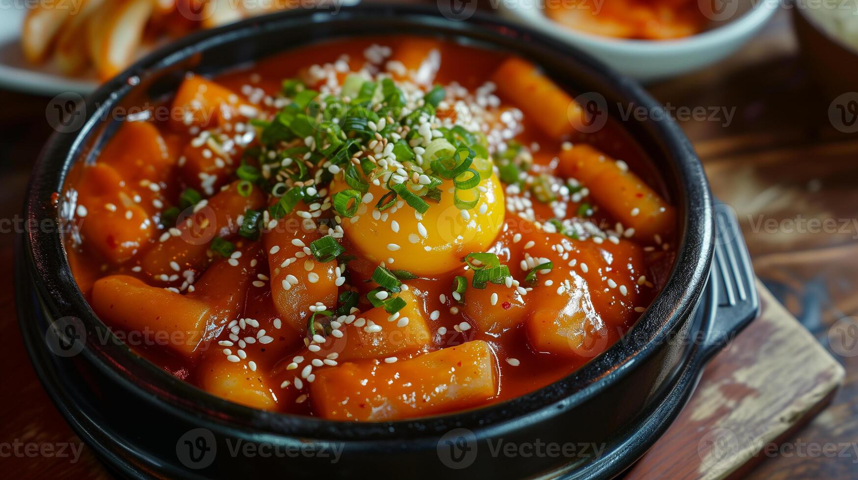 AI generated Tteokbokki on the plate on wooden table. Oriental cuisine. Korean dish in close-up. Photorealistic. AI generated. photo