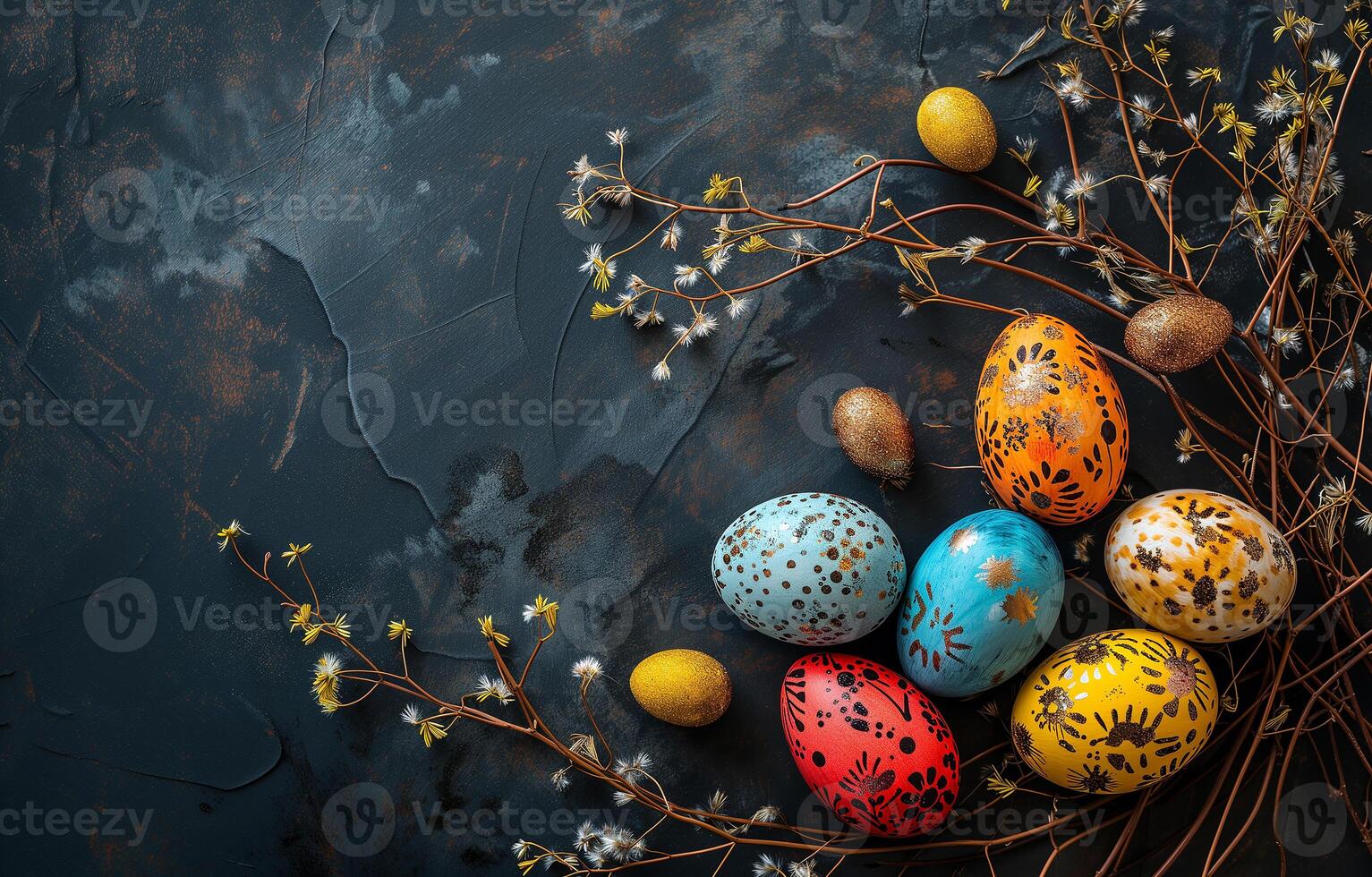 AI generated Colorful Easter eggs with a golden pattern and branches on a dark background. Copy space. Photorealistic, background with bokeh effect. AI generated. photo