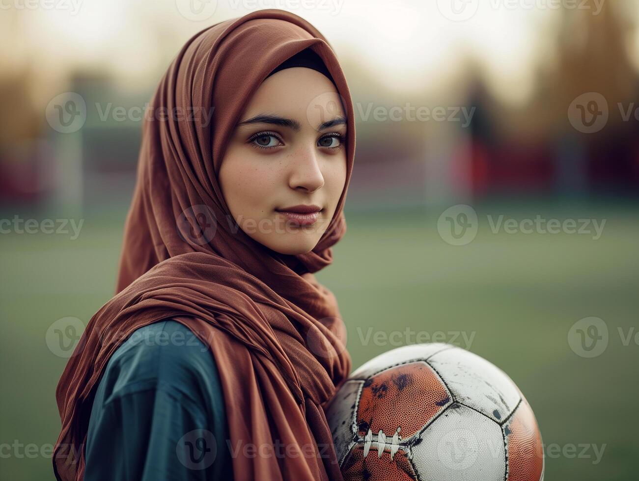 ai generado un musulmán joven mujer en un hijab con un fútbol. retrato de un islámico mujer haciendo Deportes en de cerca. fotorrealista antecedentes con bokeh efecto. ai generado. foto