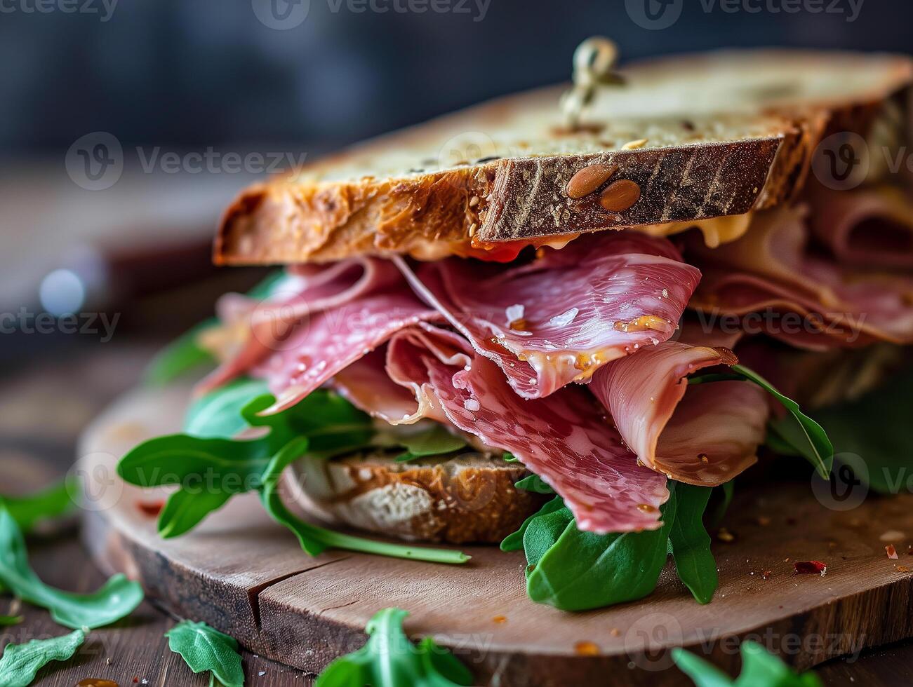 ai generado emparedado con piezas de seco carne mortadela y verduras. italiano bocadillo en de cerca. fotorrealista, antecedentes con bokeh efecto. ai generado. foto