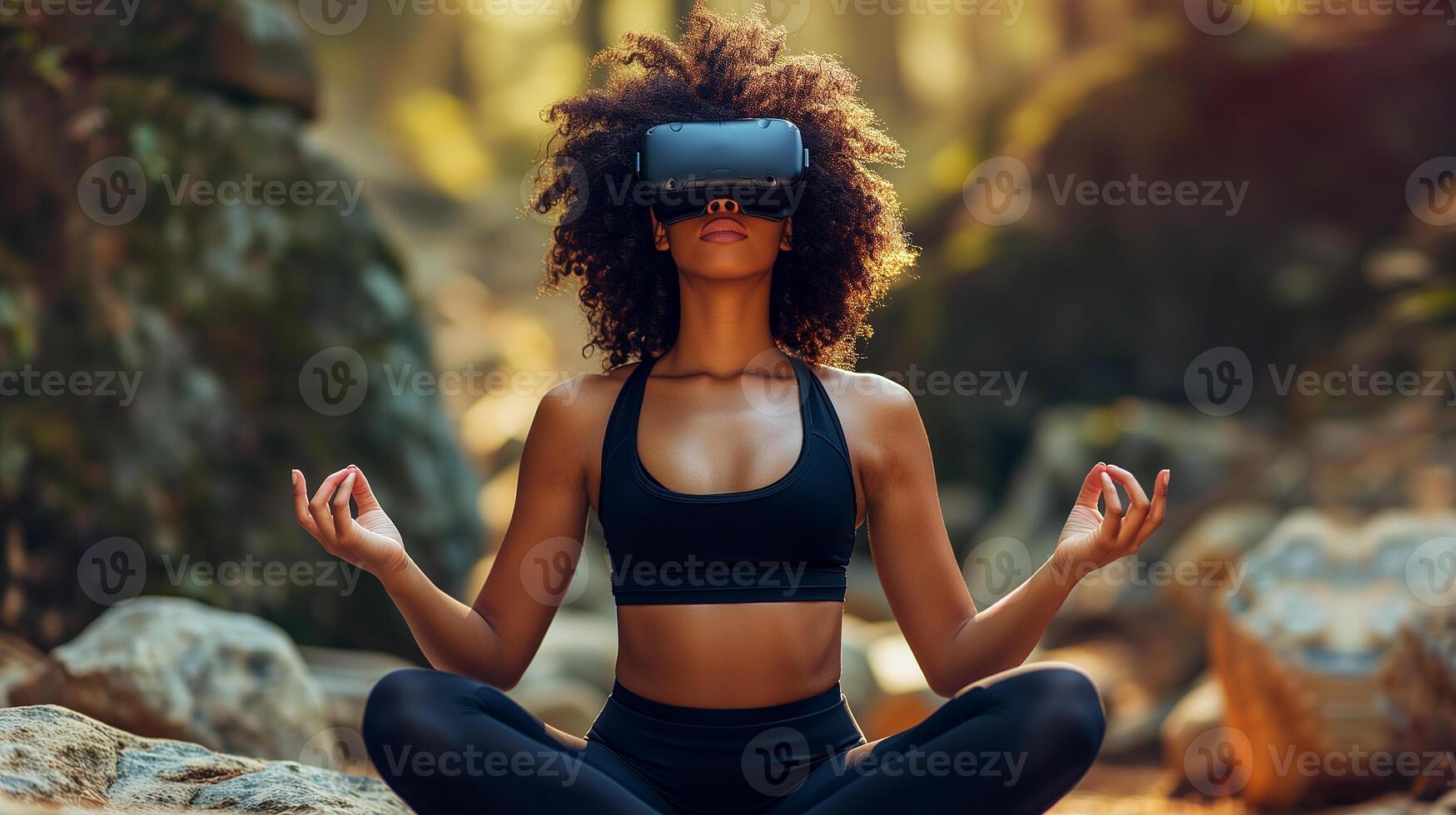 ai generado un joven de piel oscura mujer con oscuro Rizado pelo es haciendo yoga en naturaleza vistiendo virtual realidad lentes. moderno tecnología y sano estilo de vida. ai generado ilustración. foto