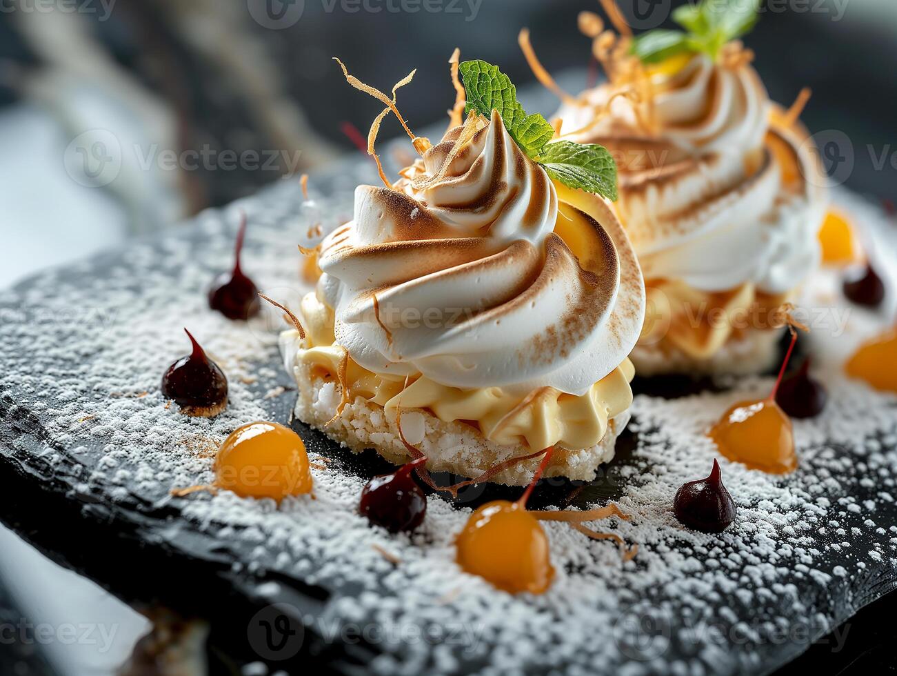 AI generated Meringue Pie tartlet with mint and berries. Desserts for tea treat. Food illustration. Photorealistic. AI generated. photo