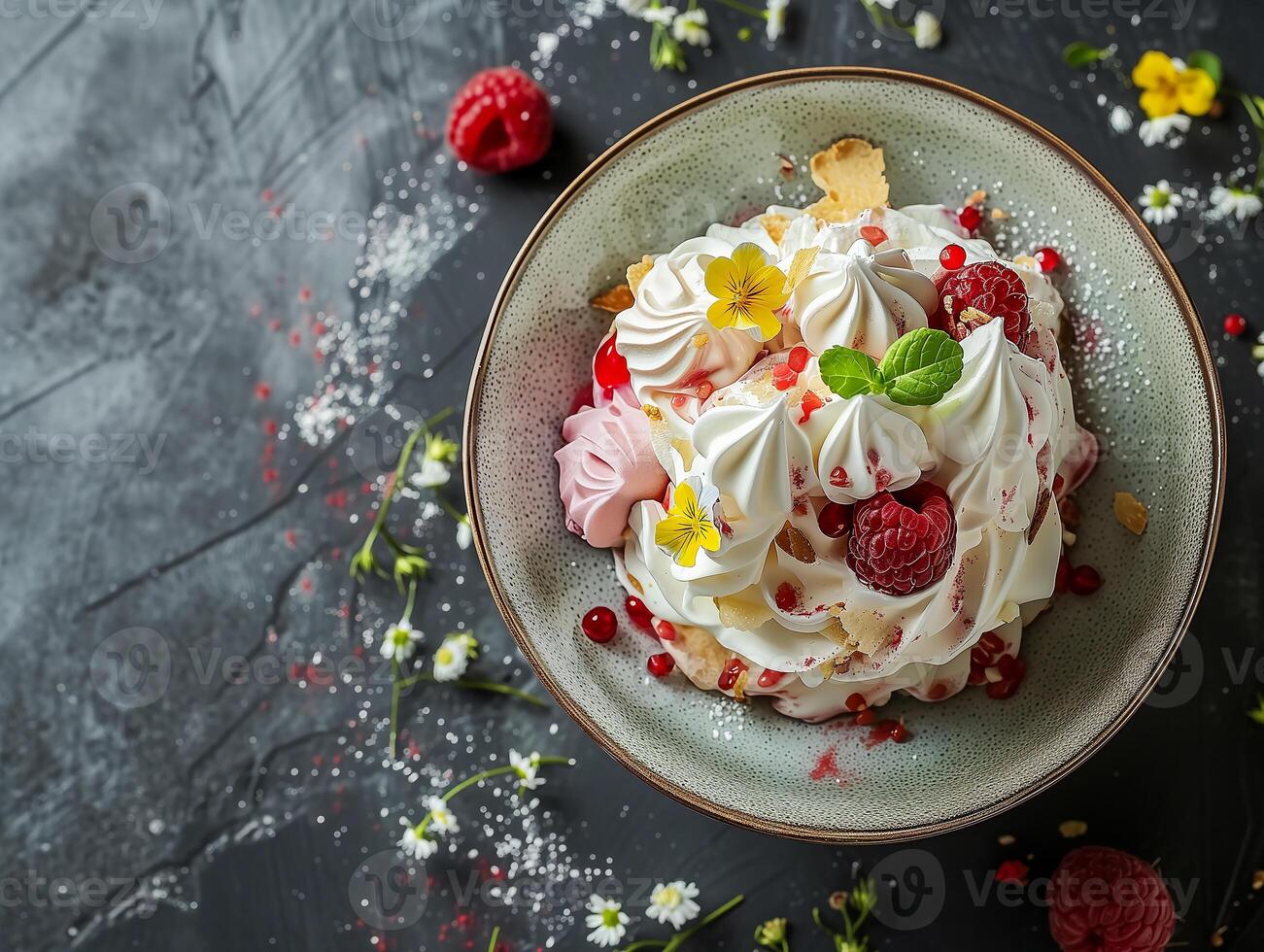 AI generated Dessert with meringue, cake, pie decorated with meringue, berries, flowers. Top view, a place to copy. Photorealistic. AI generated.. photo