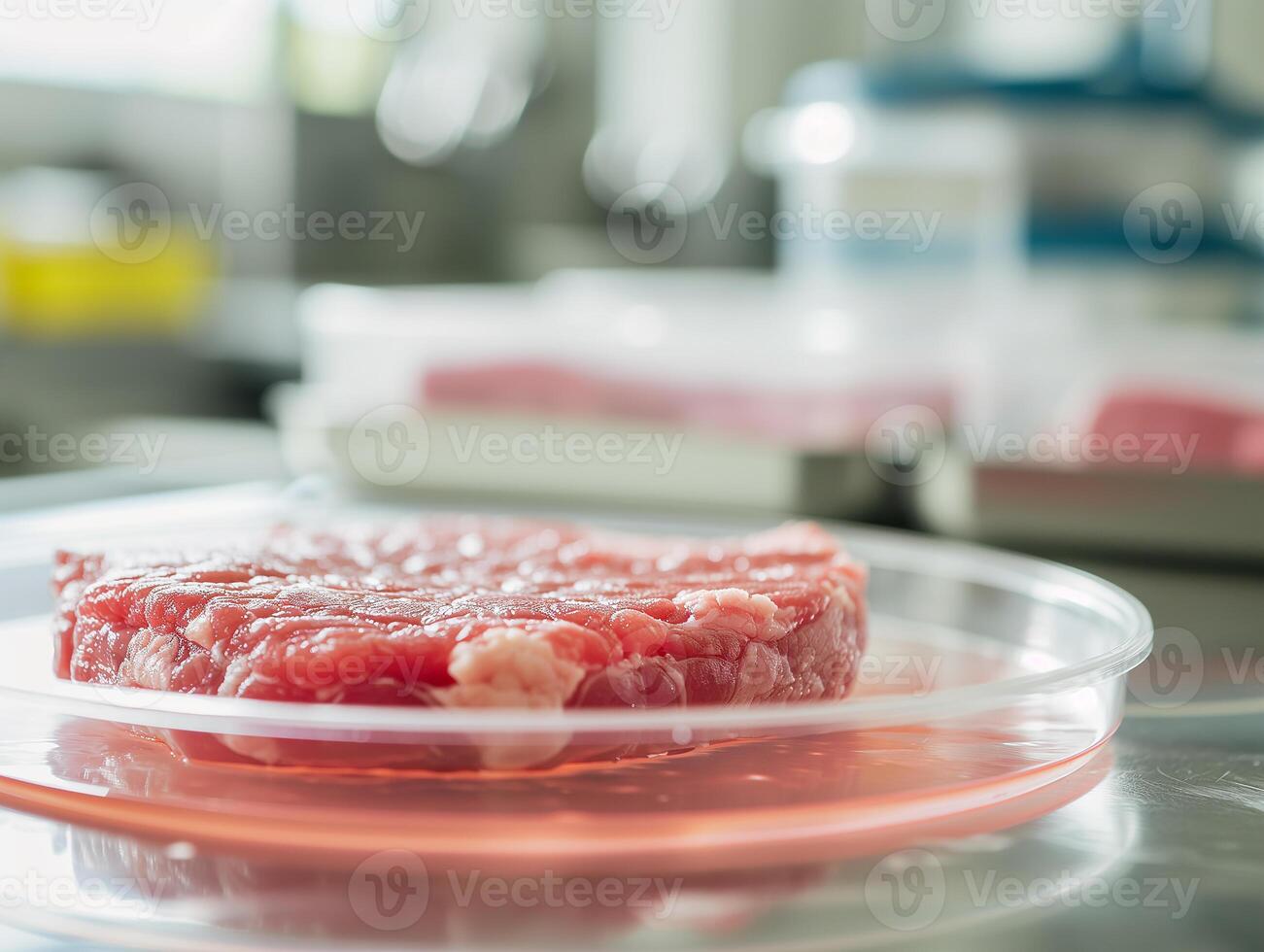 AI generated Lab-Grown Meat. Meat sample in glass cup for cell culture in laboratory. Concept of cultivating pure meat in vitro. Synthetic meat created artificially. Photorealistic. photo