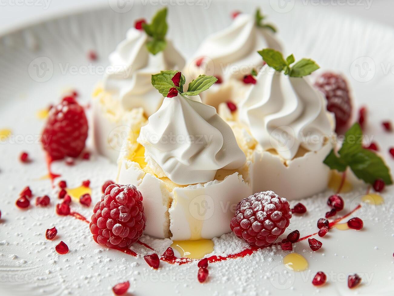 ai generado merengue tarta tartaleta con menta y bayas. postres para té tratar. comida ilustración. fotorrealista ai generado. foto