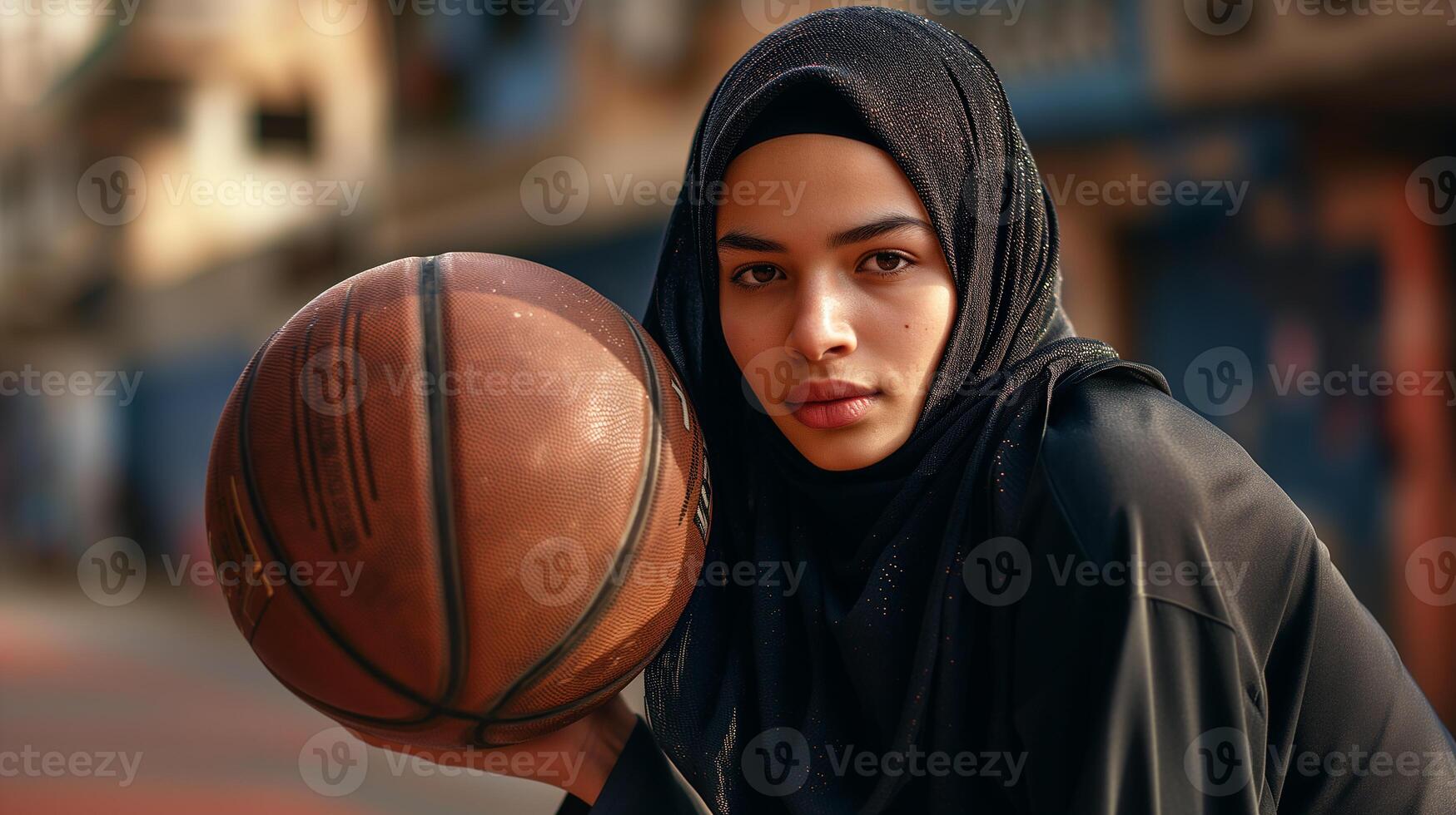 AI generated A Muslim young woman in a hijab with a basketball. Portrait of an Islamic woman doing sports in close-up. Photorealistic background with bokeh effect. AI generated. photo