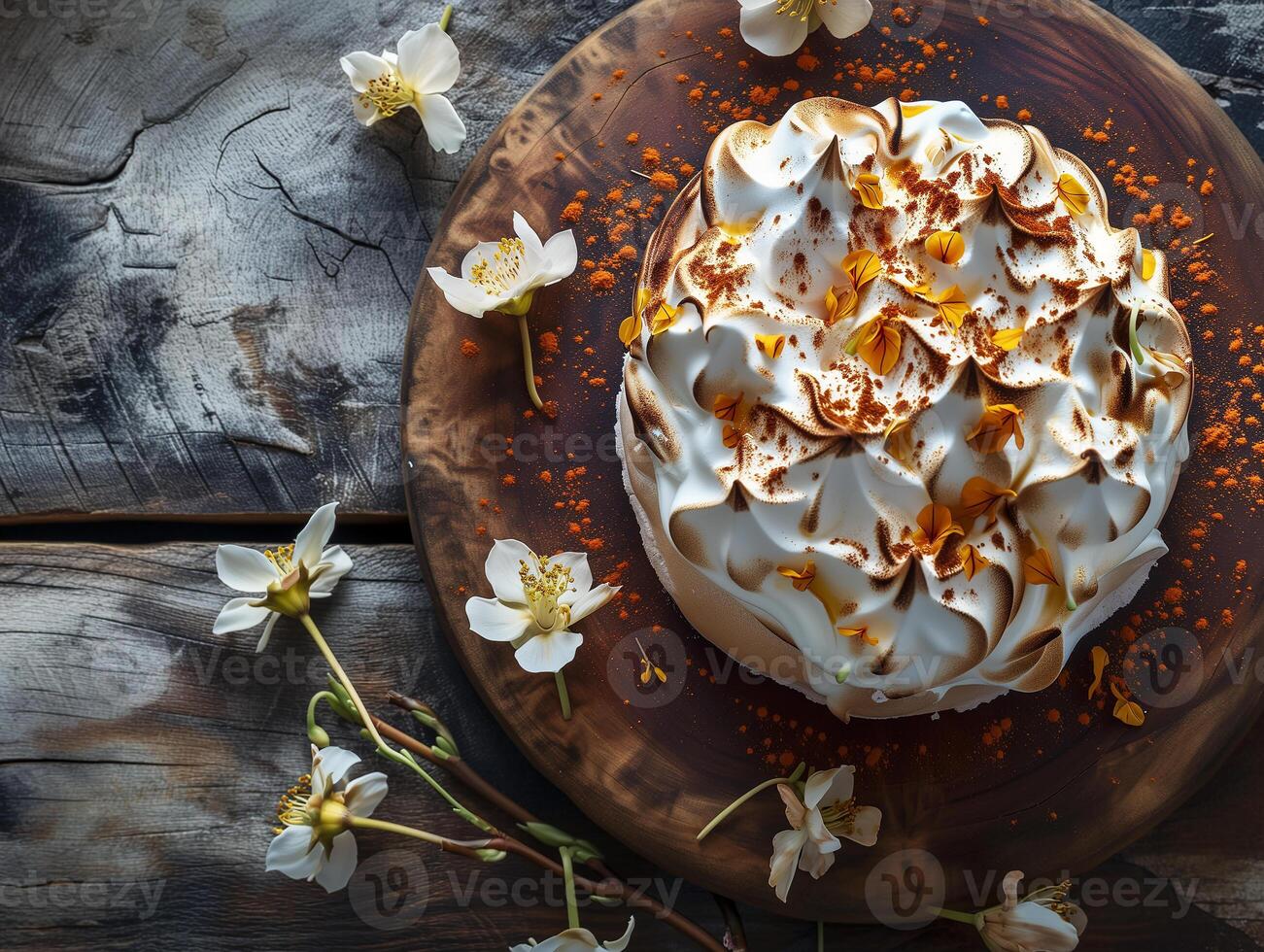AI generated Dessert with meringue, cake, pie decorated with meringue and flowers. Top view, a place to copy. Photorealistic. AI generated. photo