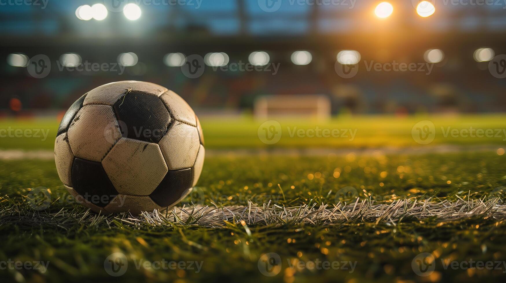 AI generated Full night football arena in lights, soccer ball in the stadium, close-up. Football match, football championship, sports. Photorealistic, background with bokeh effect. AI generated. photo