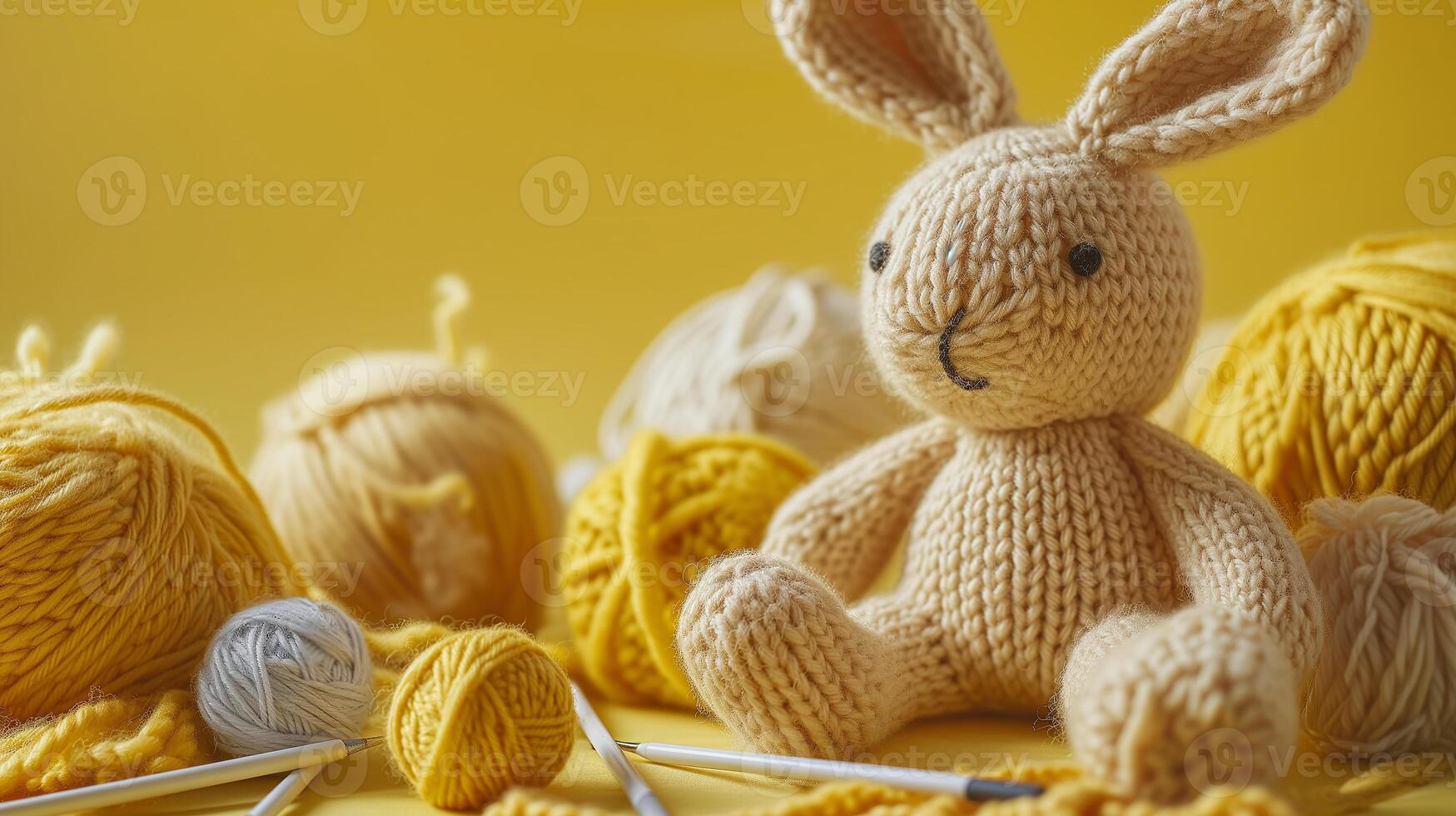 AI generated A handmade knitted bunny with balls of yarn and knitting needles. The concept of manual labor, hobbies, and comfort. Photorealistic, background with bokeh effect. photo