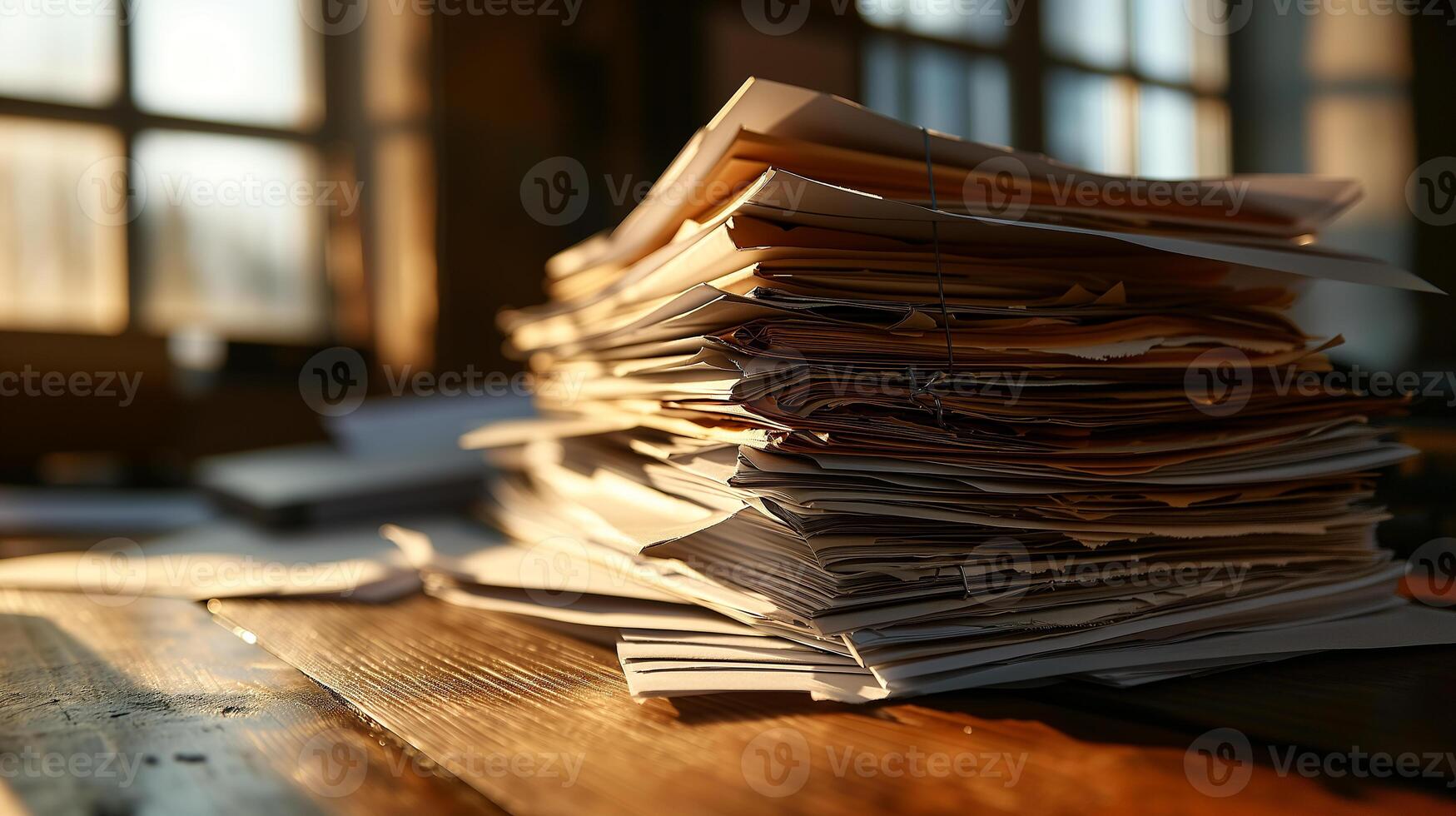 AI generated A large stack of documents on the office desk. Evening lighting, overtime concept, workload. Photorealistic, background with bokeh effect. AI generated. photo