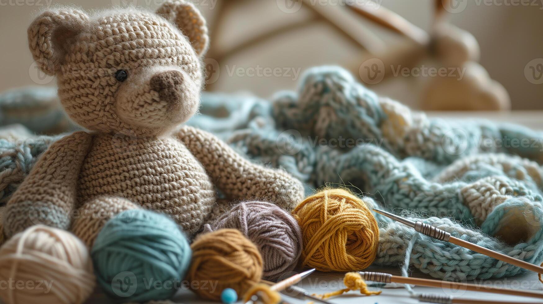 AI generated A handmade knitted teddy bear with balls of yarn and knitting needles. The concept of manual labor, hobbies, and comfort. Photorealistic, background with bokeh effect. photo