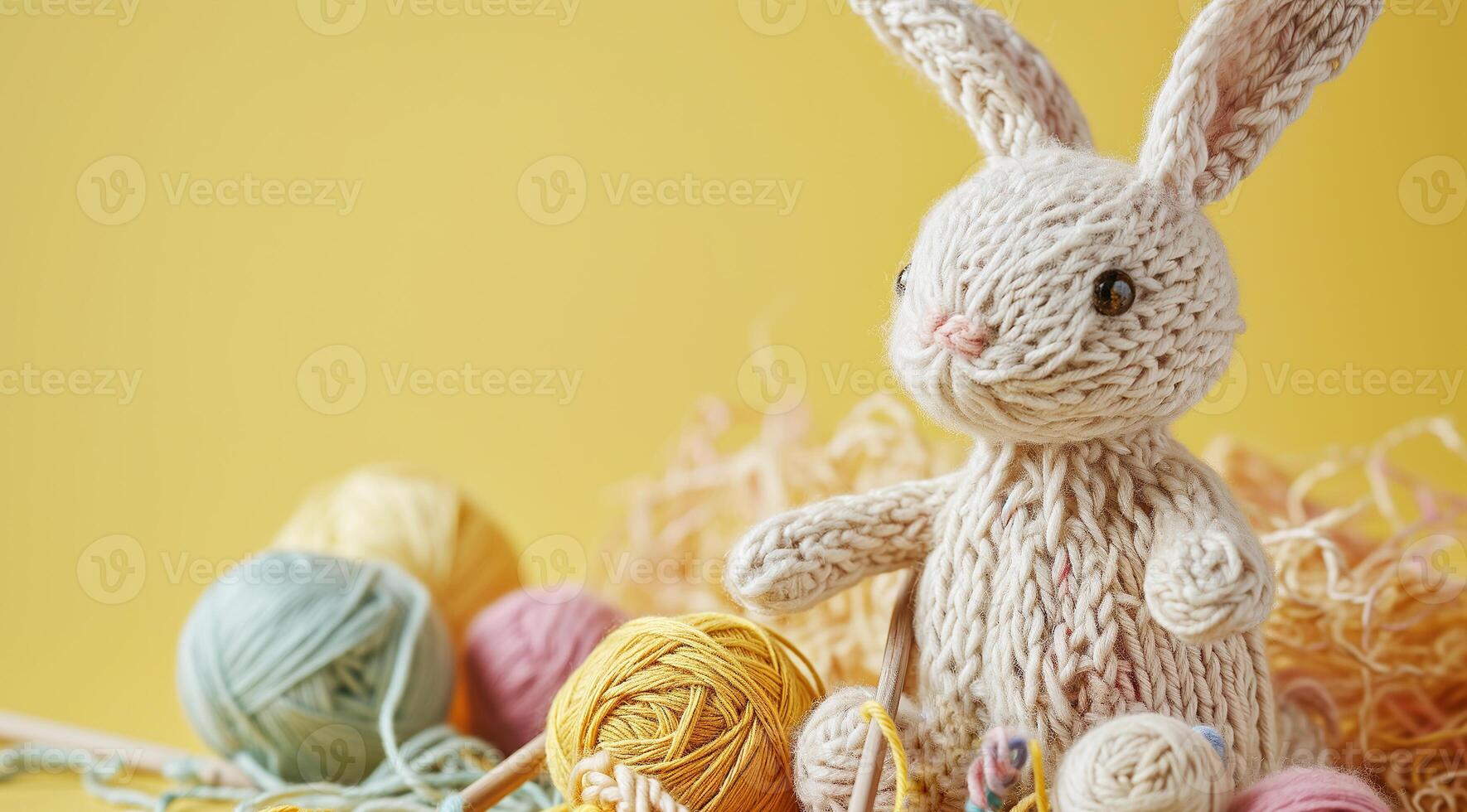 AI generated A handmade knitted bunny with balls of yarn and knitting needles. The concept of manual labor, hobbies, and comfort. Photorealistic, background with bokeh effect. photo