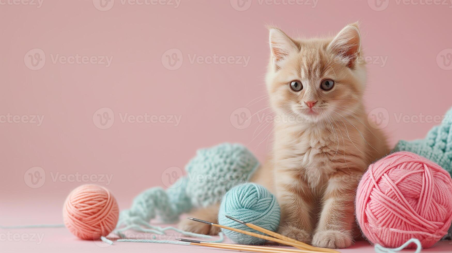 AI generated A handmade cute kitten with balls of yarn and knitting needles. The concept of manual labor, hobbies, and comfort. Photorealistic, background with bokeh effect. photo