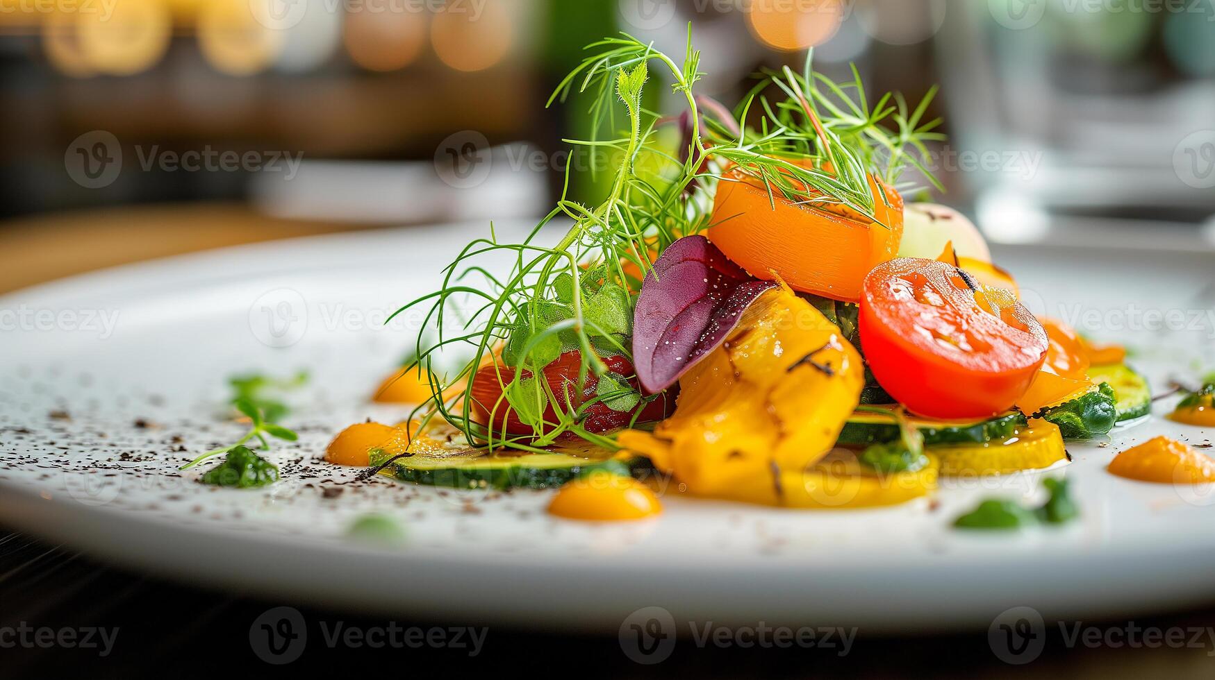 AI generated Vegetarian dish in the style of a gourmet restaurant, close-up on a beautiful plate.  Photorealistic, background with bokeh effect. AI generated. photo