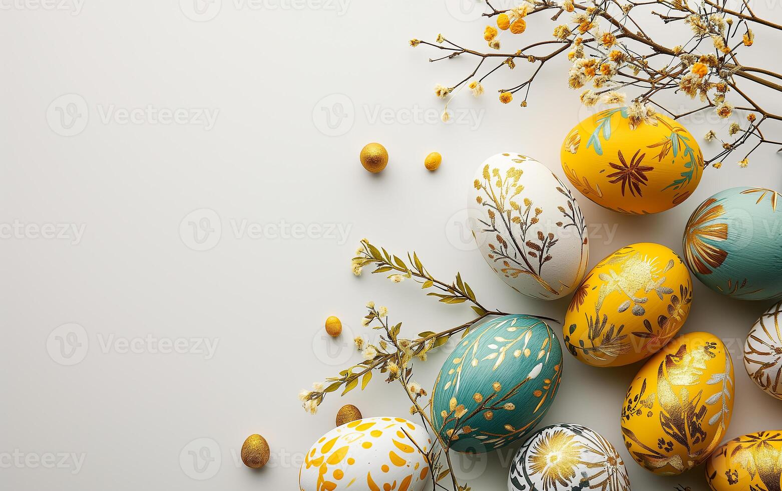 AI generated Colorful Easter eggs with a golden pattern  on a white background. Copy space. Photorealistic, background with bokeh effect. AI generated. photo