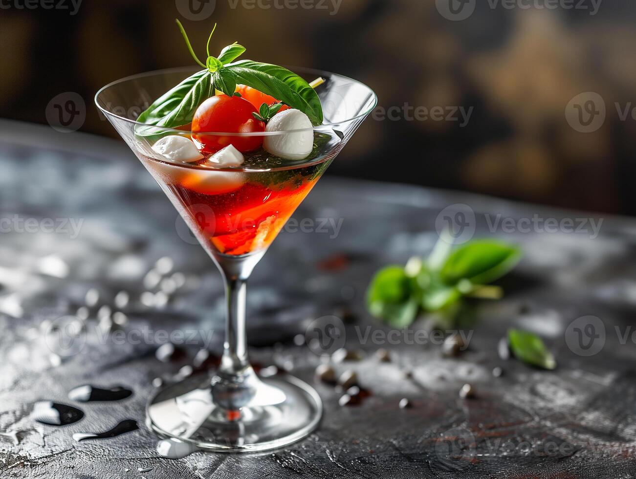 AI generated Alcoholic drink Caprese Martini in a beautiful glass. Caesar cocktail, tomatoes, basil, vodka, cheese. Photorealistic, background with bokeh effect. AI generated. photo