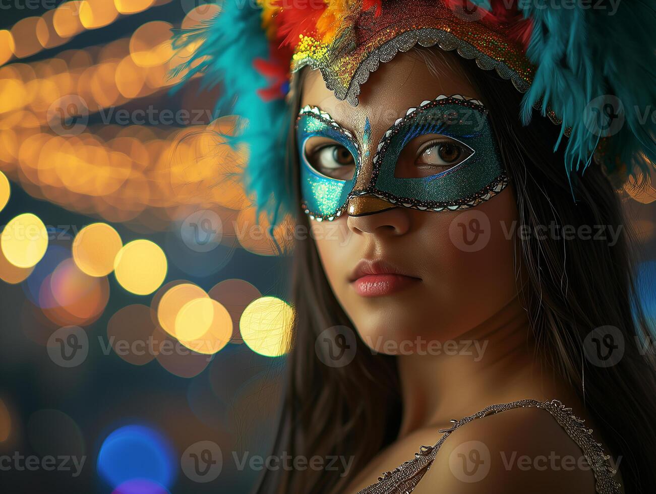 AI generated A young beautiful Latin American woman in a carnival mask. New Year's holidays, carnival, birthday, Venice. Photorealistic, background with bokeh effect. AI generated. photo