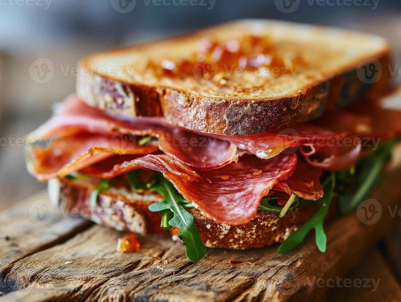 ai generado emparedado con piezas de seco carne mortadela y verduras. italiano bocadillo en de cerca. fotorrealista, antecedentes con bokeh efecto. ai generado. foto