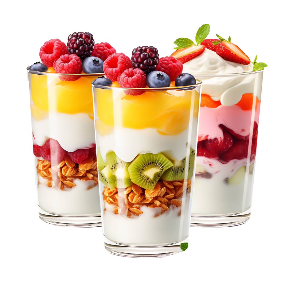 AI generated So sweet homemade mango, raspberry and blueberry with yogurt  isolated on transparent background png