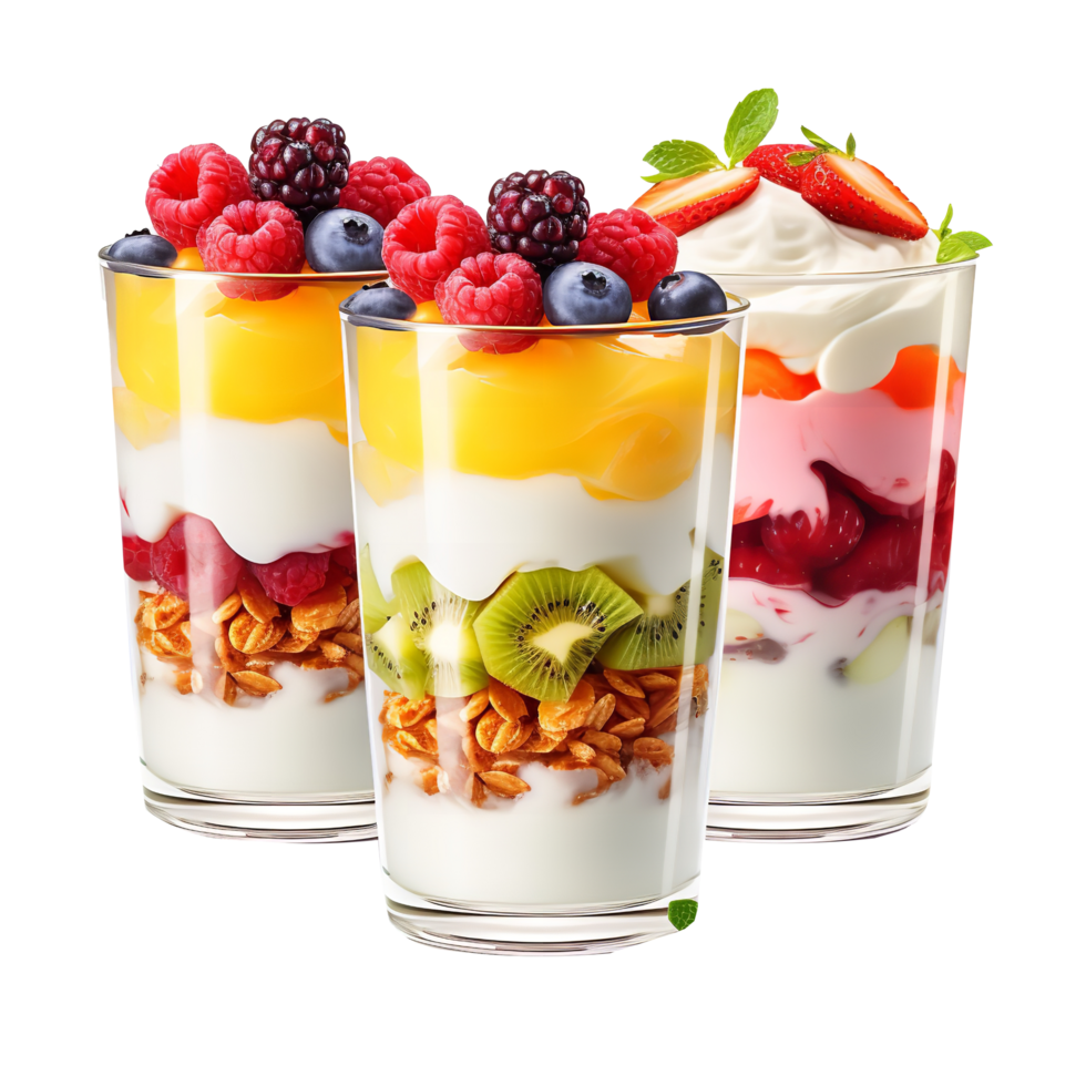 ai generiert damit Süss hausgemacht Mango, Himbeere und Blaubeere mit Joghurt isoliert auf transparent Hintergrund png