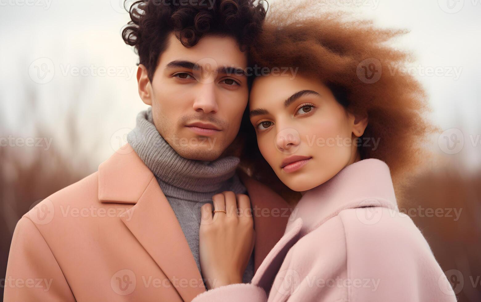 AI generated Portrait of a couple in love on a light background. Romantic atmosphere. photo