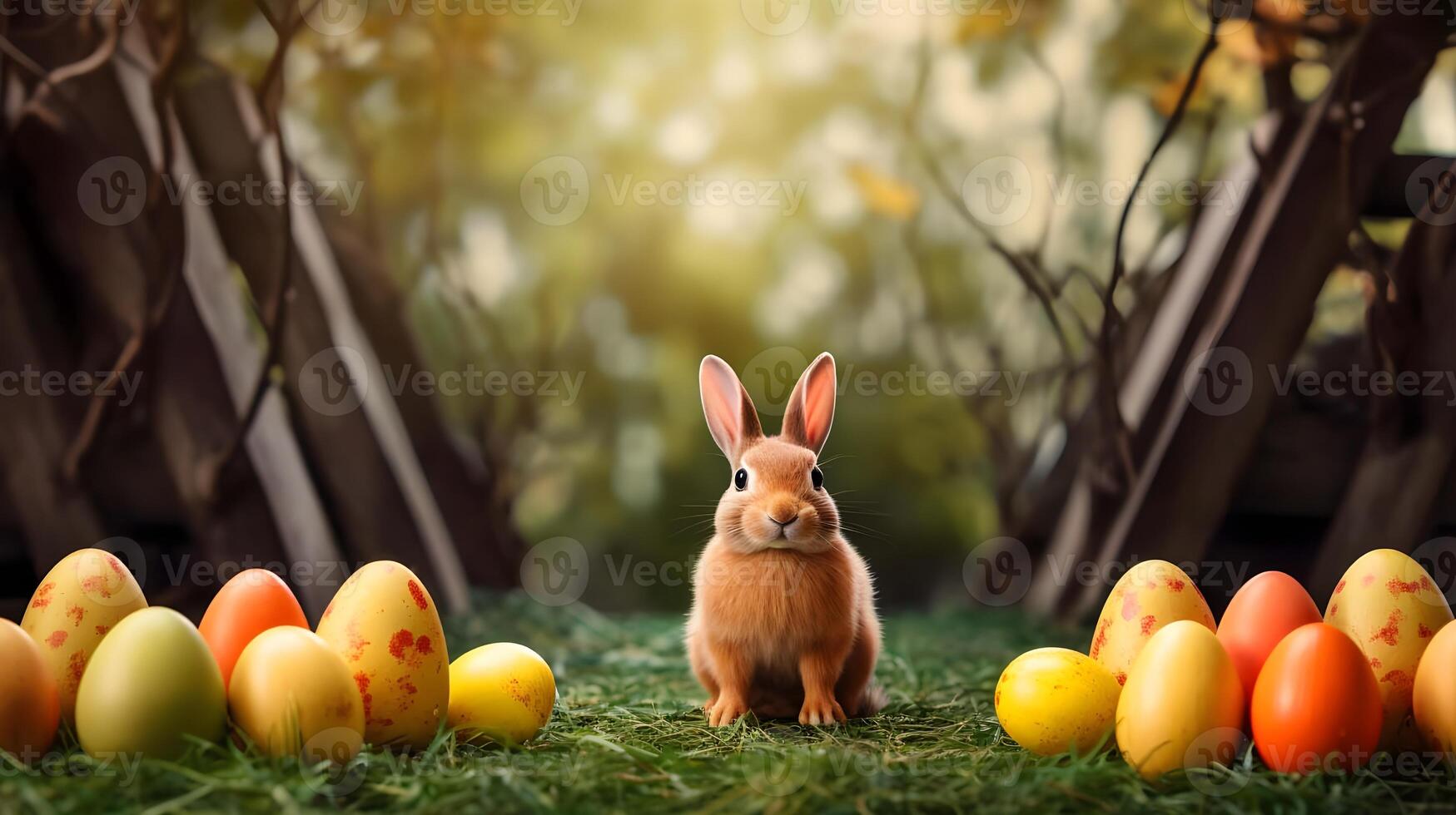 AI generated Easter background with rabbit and Easter eggs. photo