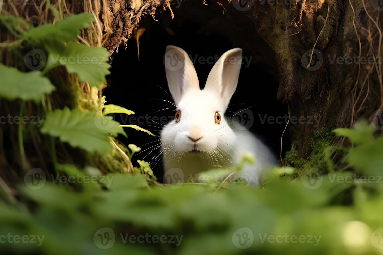 AI generated Cute white rabbit in a hole in the forest. Animal portrait. photo