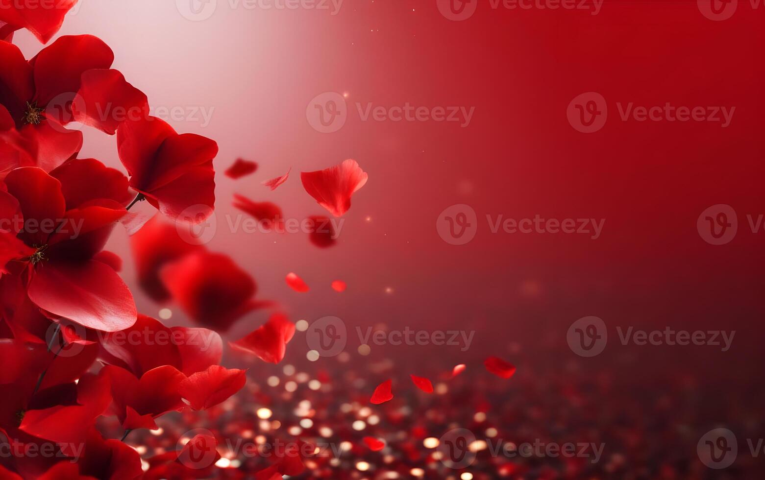 AI generated Red rose petals flying in the air with bokeh background photo