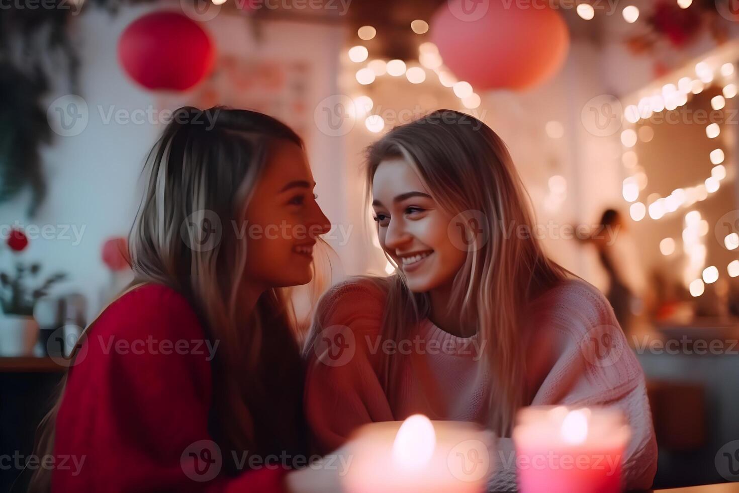 AI generated Two beautiful young women sitting in a cafe and looking at each other. photo