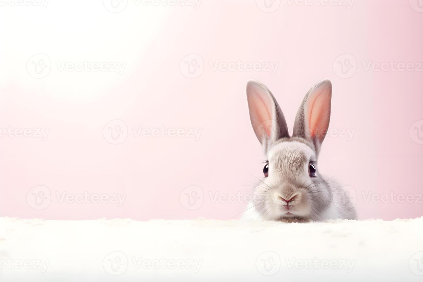 AI generated Cute white rabbit on pink background with copy space. Easter concept. photo